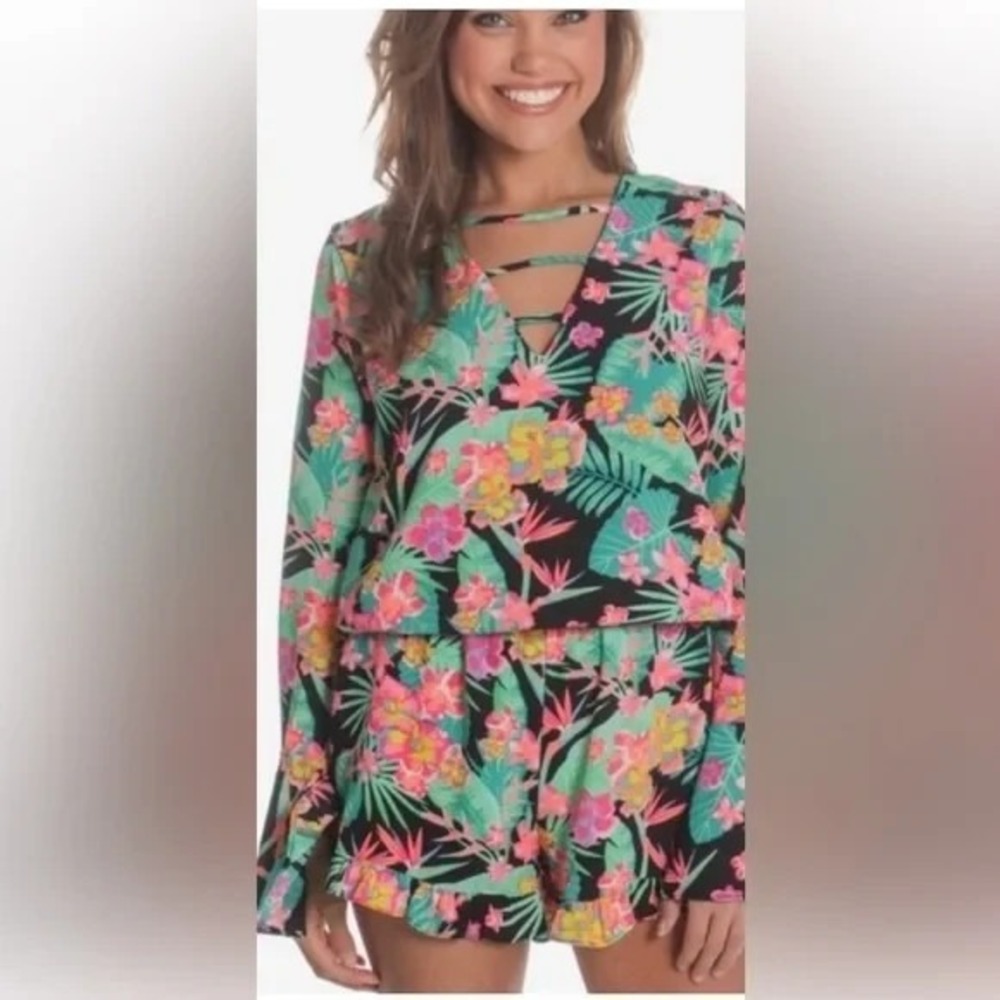 Judith March Womens Sm Floral Romper Long Sleeves Tropical EUC